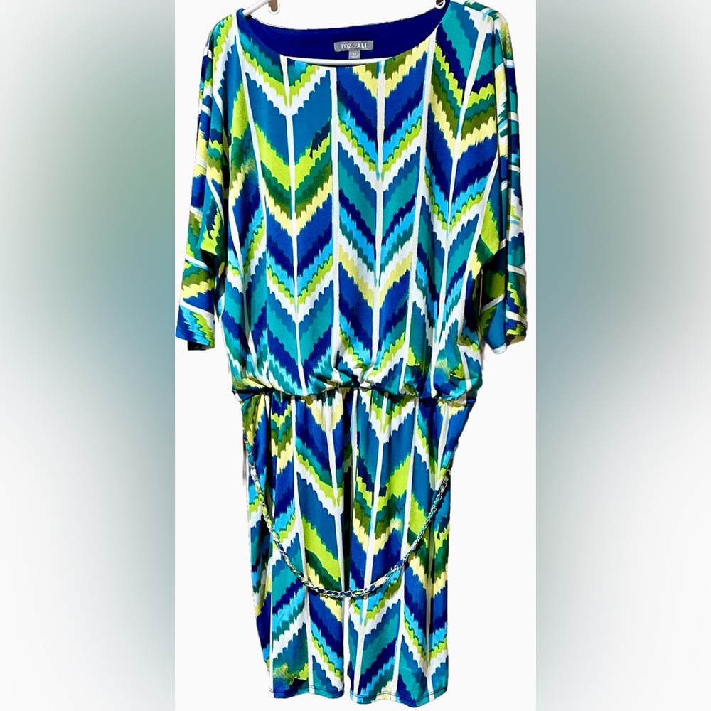 Roz & Ali Dress Womens 12 Blouson Blue Green Geometric Print 3/4 Sleeve